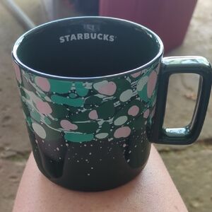 Starbucks Dark Green Mug with Pink and White Dots